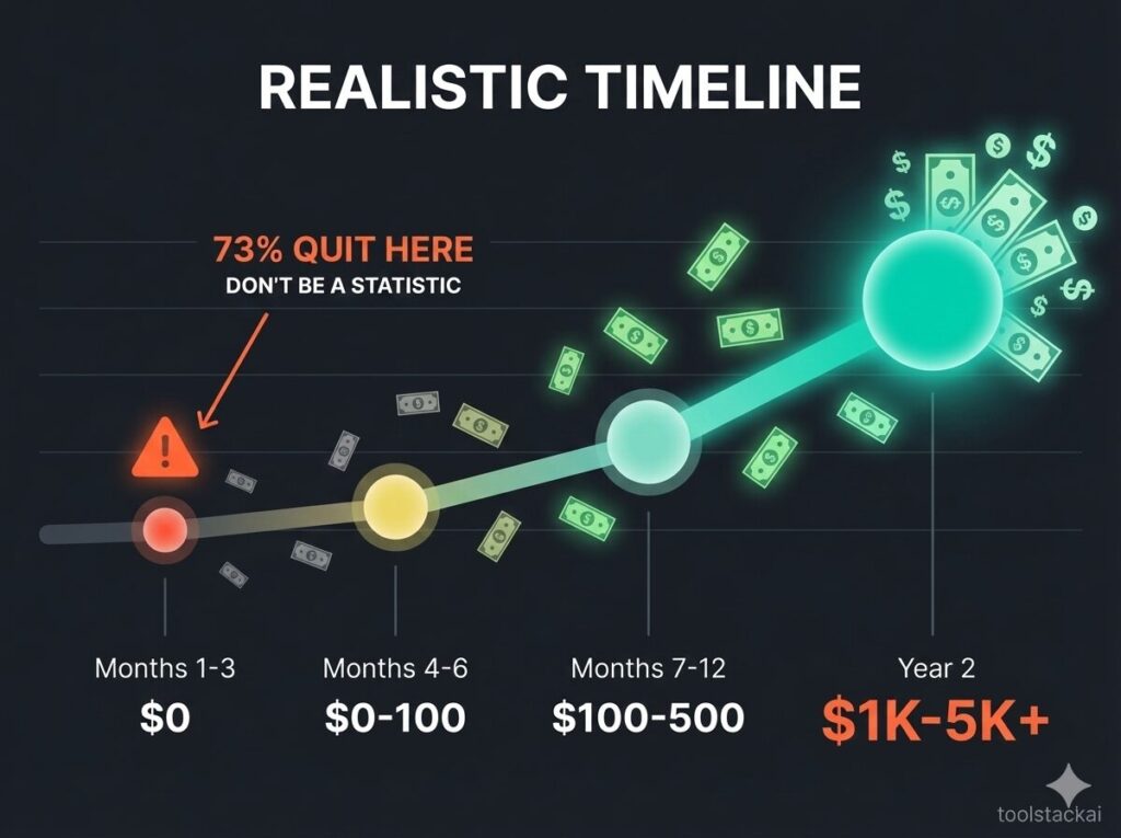 Realistic faceless YouTube income timeline showing progression from $0 in months 1-3 to $5K+ in year 2