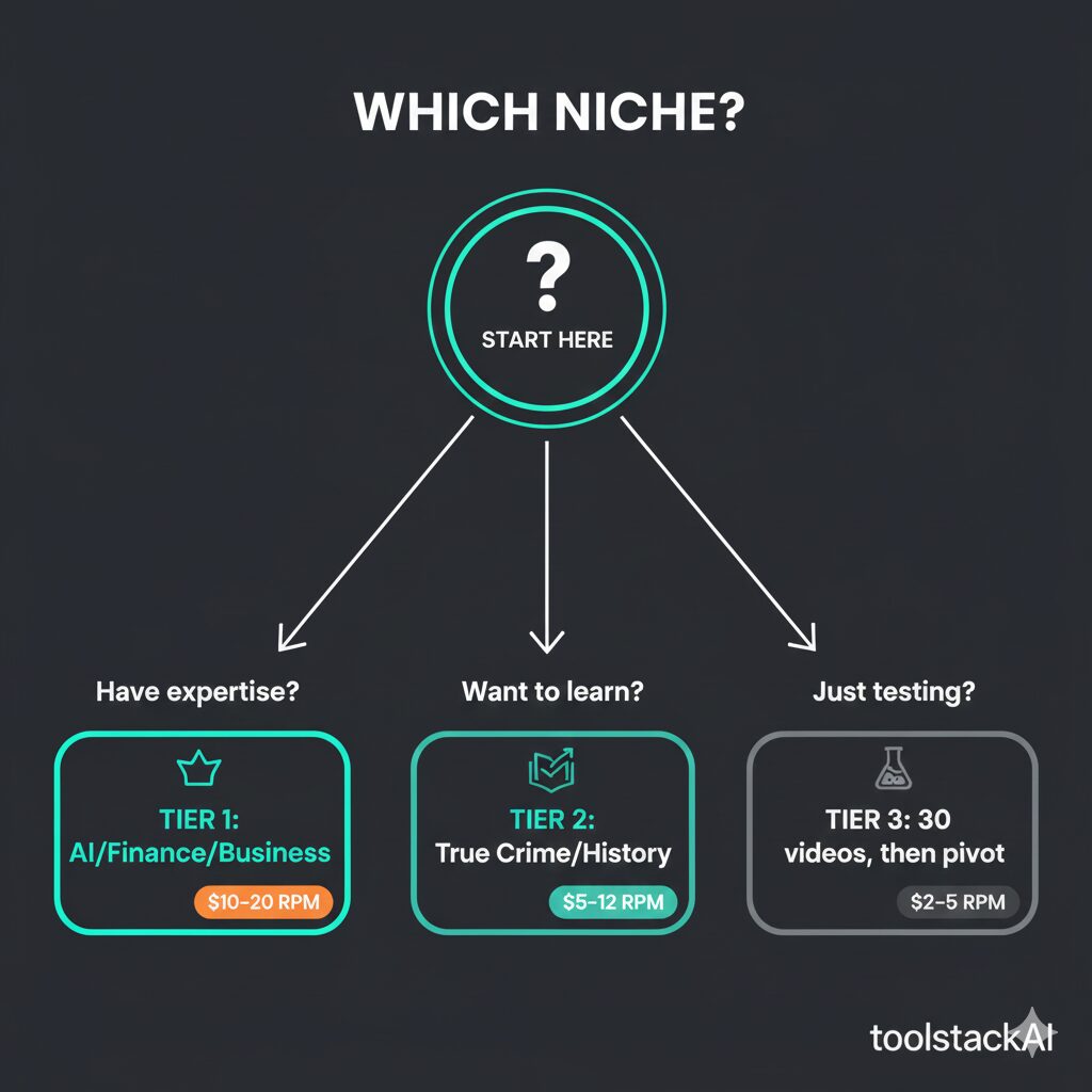 Niche selection decision flowchart for faceless YouTube based on expertise and goals