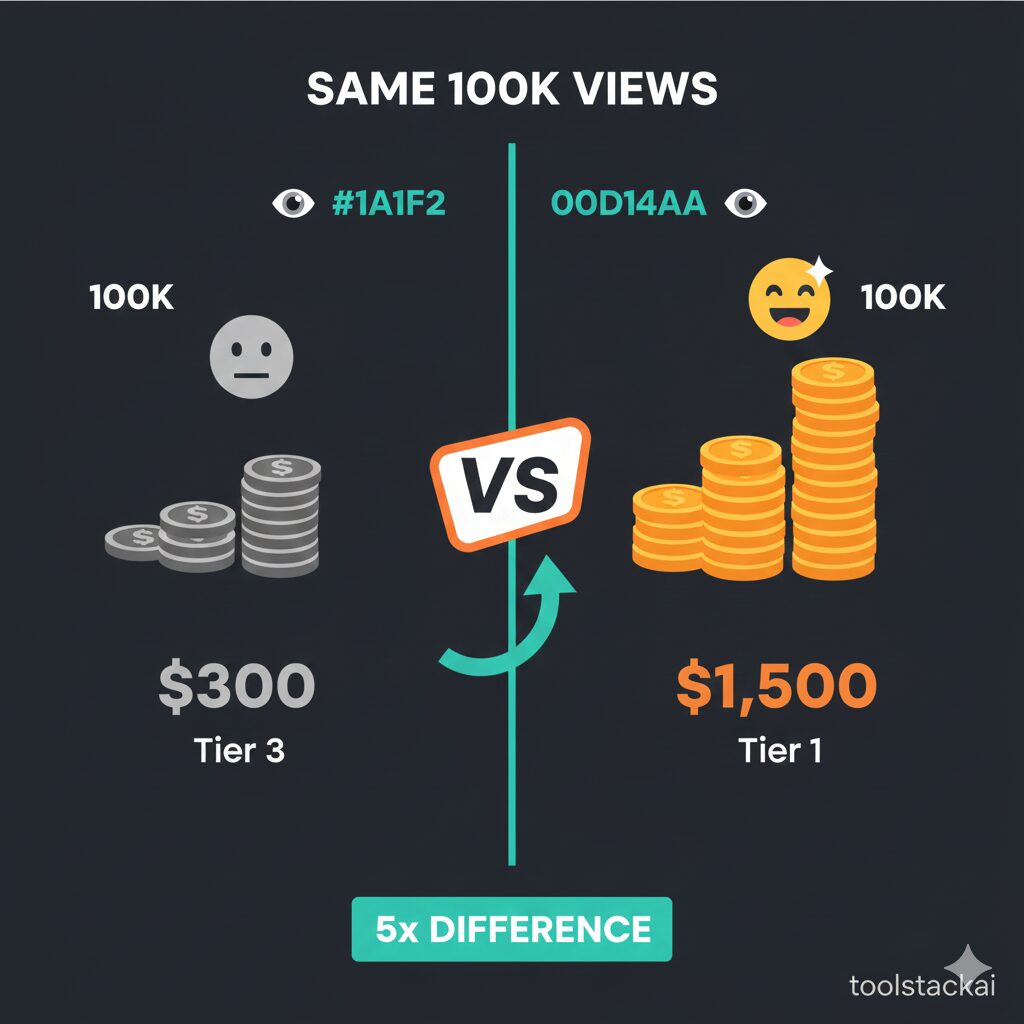 Visual comparison showing same 100K views paying $300 vs $1,500 depending on YouTube niche selection